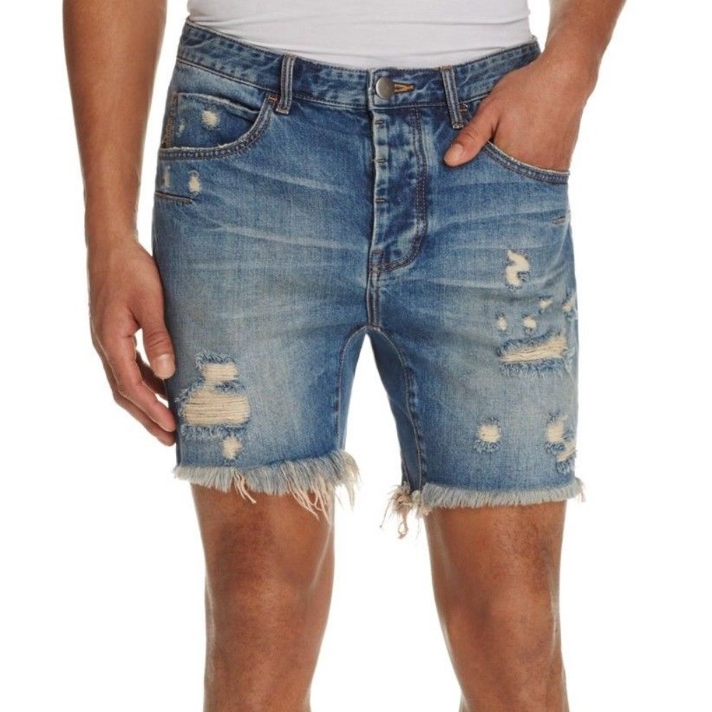 One Teaspoon-Blue DenimRaw Edge Distress Shorts 33